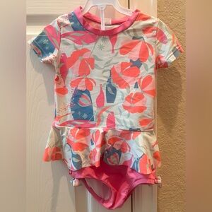 Ruffle Butts Coral Pink & Blue Floral Ruffle Swimsuit